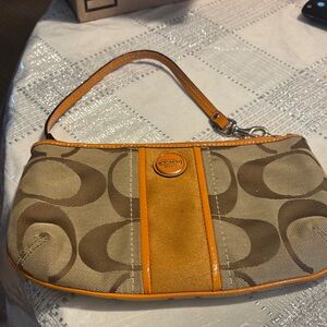 Coach Signature Tan and Brown Wristlet